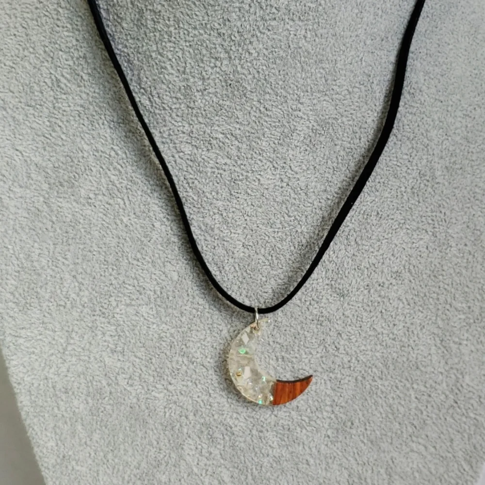 Mens clear acrylic moon charm black suede necklace